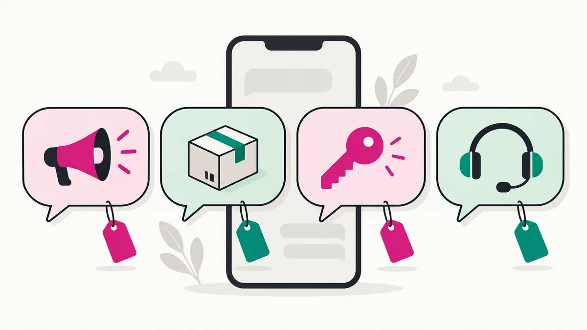 Four chat bubbles with price tags: a megaphone, a parcel, a key and a headset