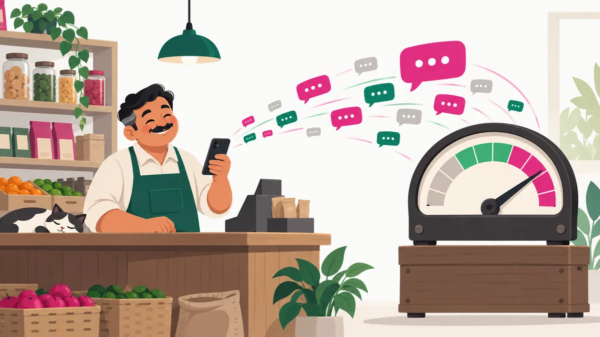 A smiling shopkeeper on his phone while customer replies push a meter into the red