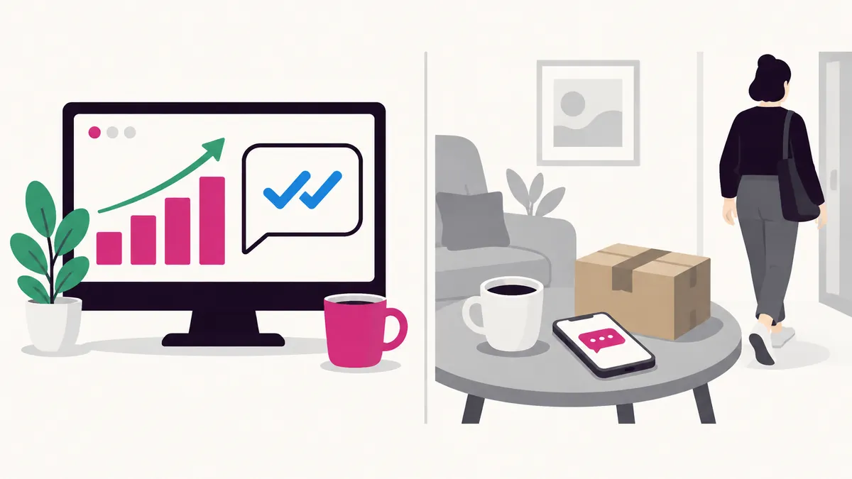 A dashboard showing two blue ticks and a rising chart, beside a room where a phone and an unopened parcel sit on a table as a person walks away