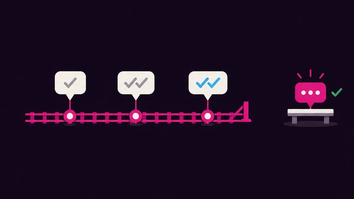 One grey tick, two grey ticks and two blue ticks are stops on the way. The customer's reply is somewhere the track does not go.