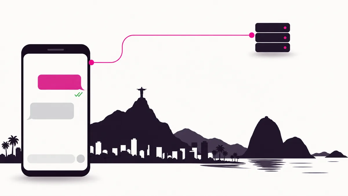 O Pão de Açúcar e o Corcovado atrás de um celular com uma conversa de WhatsApp, ligado por uma linha a um pequeno servidor