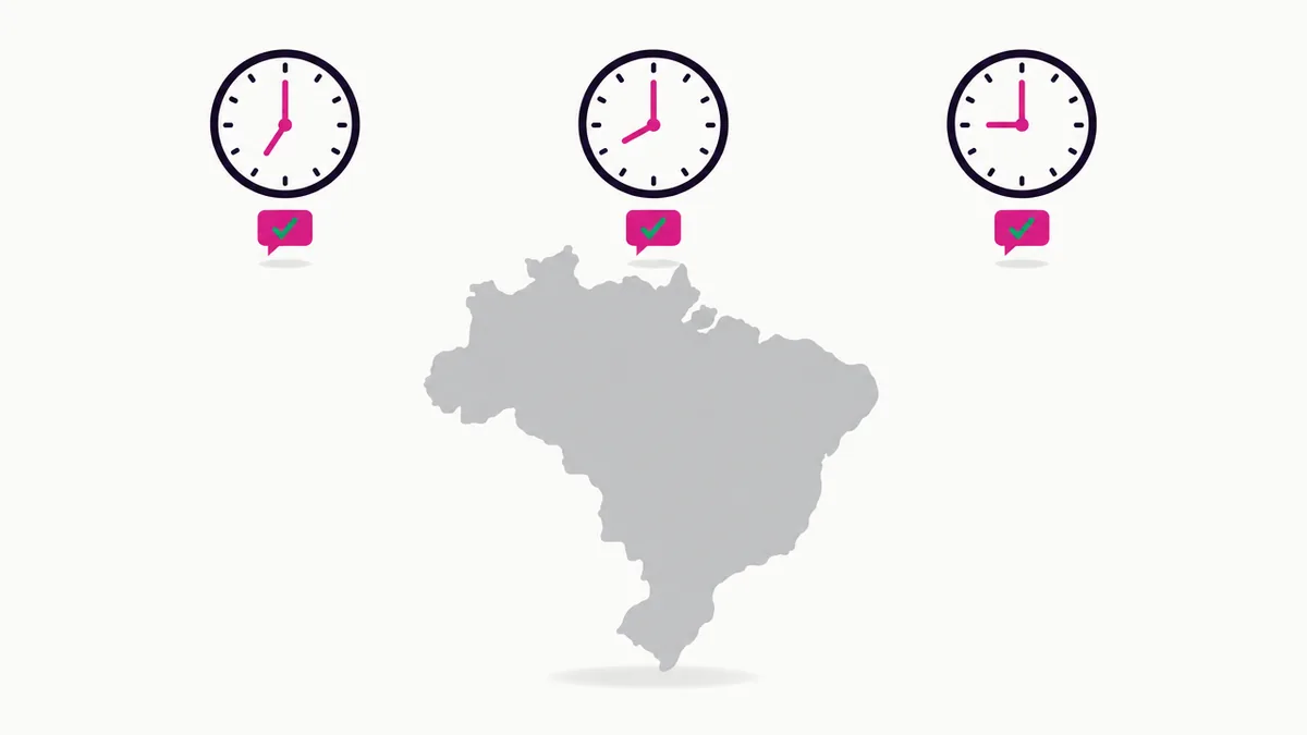 O mapa do Brasil sob três relógios marcando 7, 8 e 9 horas, cada um com uma mensagem enviada