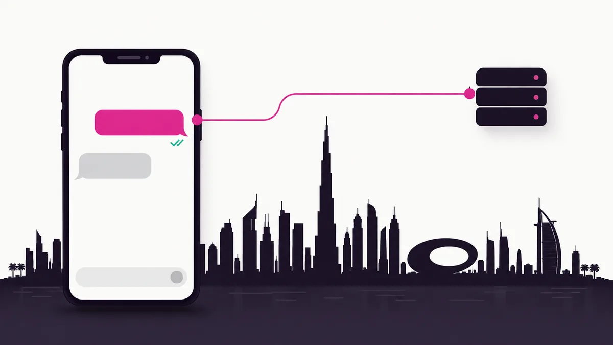 The Dubai skyline behind a phone showing a WhatsApp chat, linked by a line to a small server