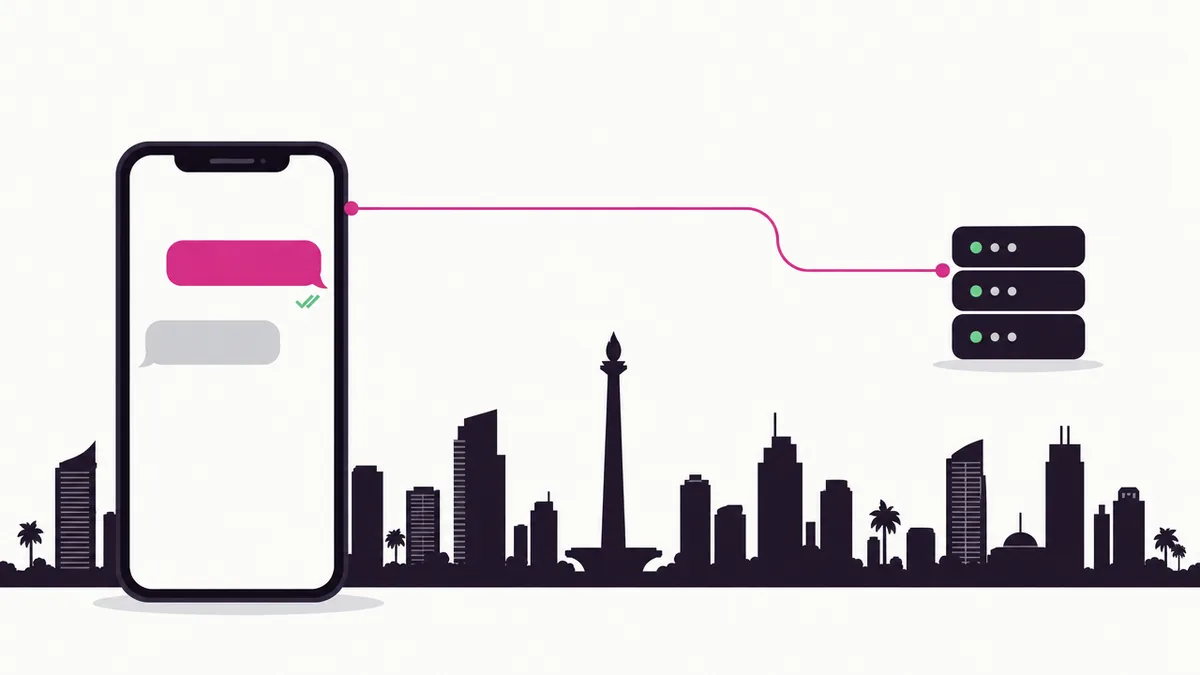 The Jakarta skyline with the National Monument behind a phone showing a WhatsApp chat, linked by a line to a small server
